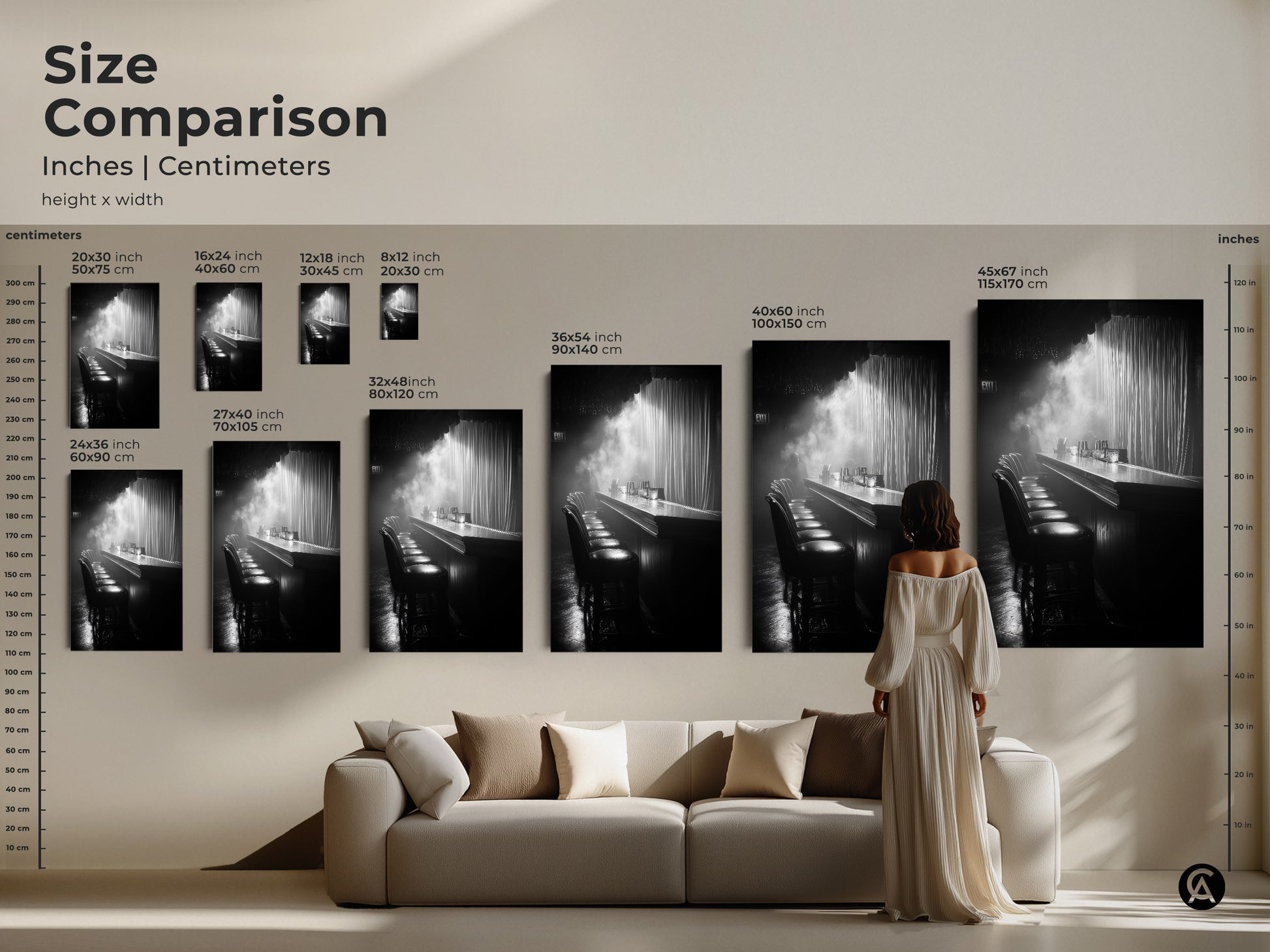 Size comparison of monochrome bar prints. See how the artwork fits above a sofa. Various sizes are shown for canvas and poster prints. Find the ideal scale for your lounge or home bar. Sizes range from small to large.