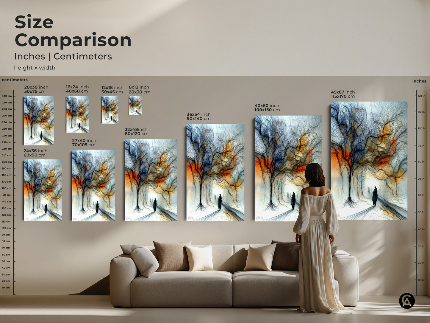 Size comparison of expressive tree landscape art. See how the canvas sizes look in a living room. Abstract figurative artwork in an orange blue eclectic style. Perfect for home decor.