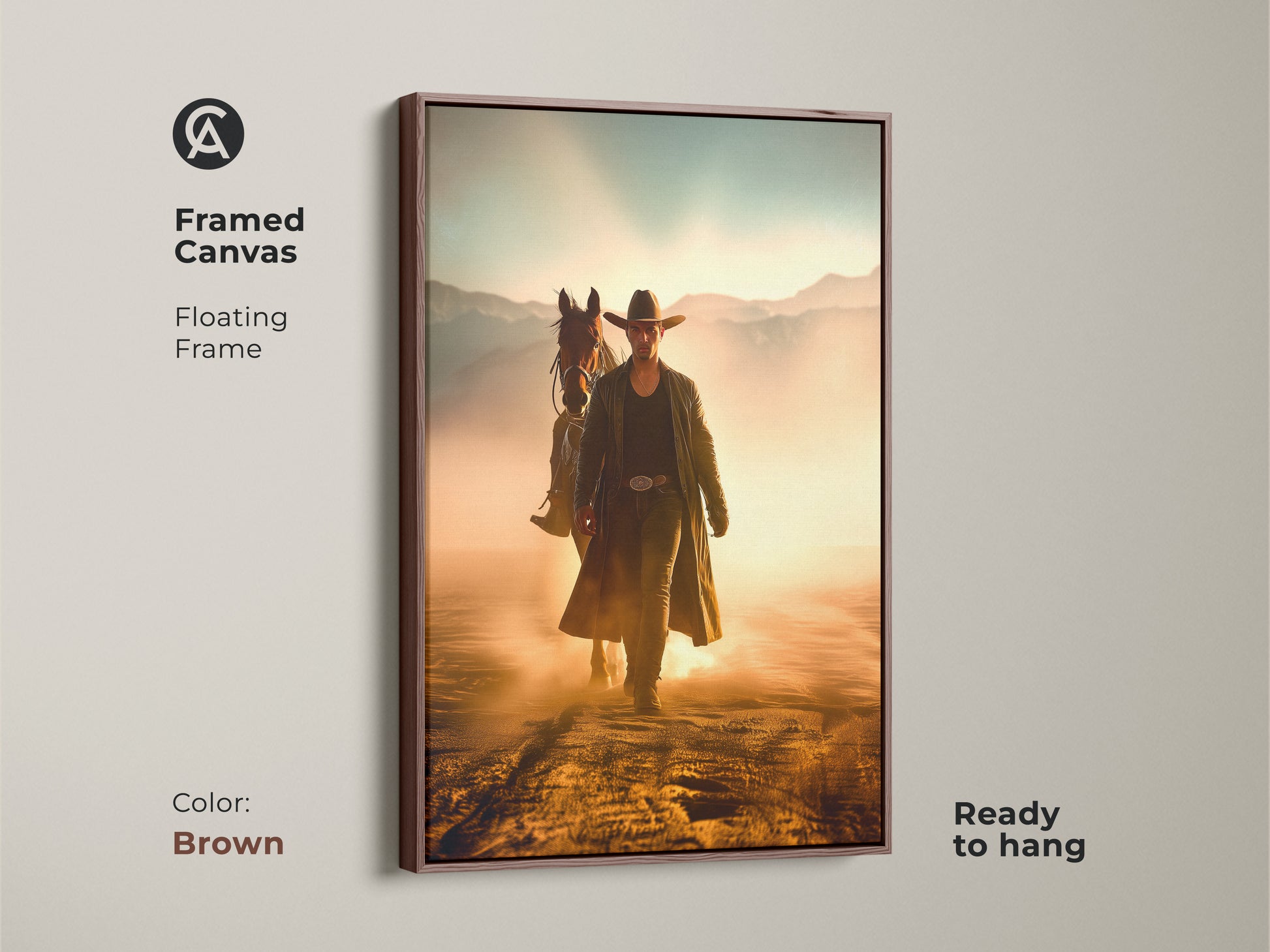 Framed canvas print showcasing a cowboy and horse in a dusty Western scene. This rustic artwork with a brown floating frame is ready to hang. Golden yellow and dusty orange tones with sky blue accents create a unique wall art gift. Add adventure to your study room.