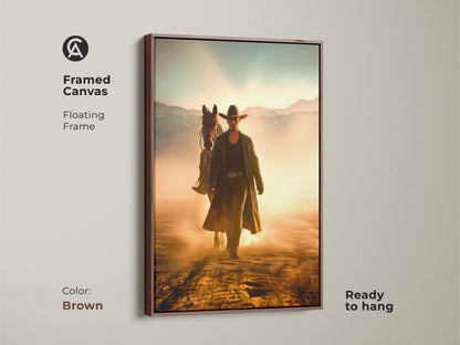Framed canvas print showcasing a cowboy and horse in a dusty Western scene. This rustic artwork with a brown floating frame is ready to hang. Golden yellow and dusty orange tones with sky blue accents create a unique wall art gift. Add adventure to your study room.