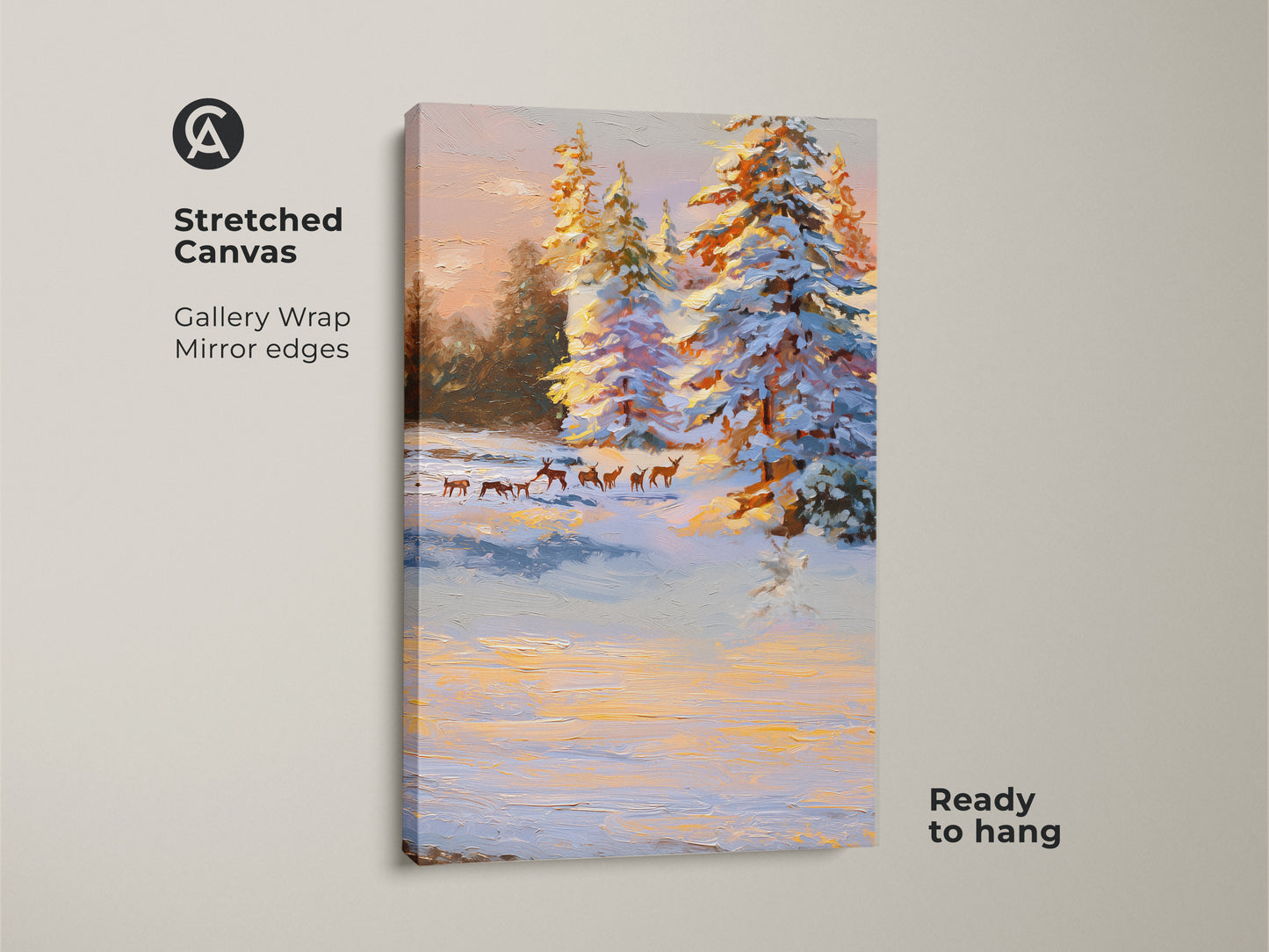 This is a stretched canvas print of a winter wildlife scene. It shows deer and snowy pine trees. The art is gallery wrapped with mirrored edges. This nature artwork is ready to hang and enjoy. It's perfect for rustic decor.