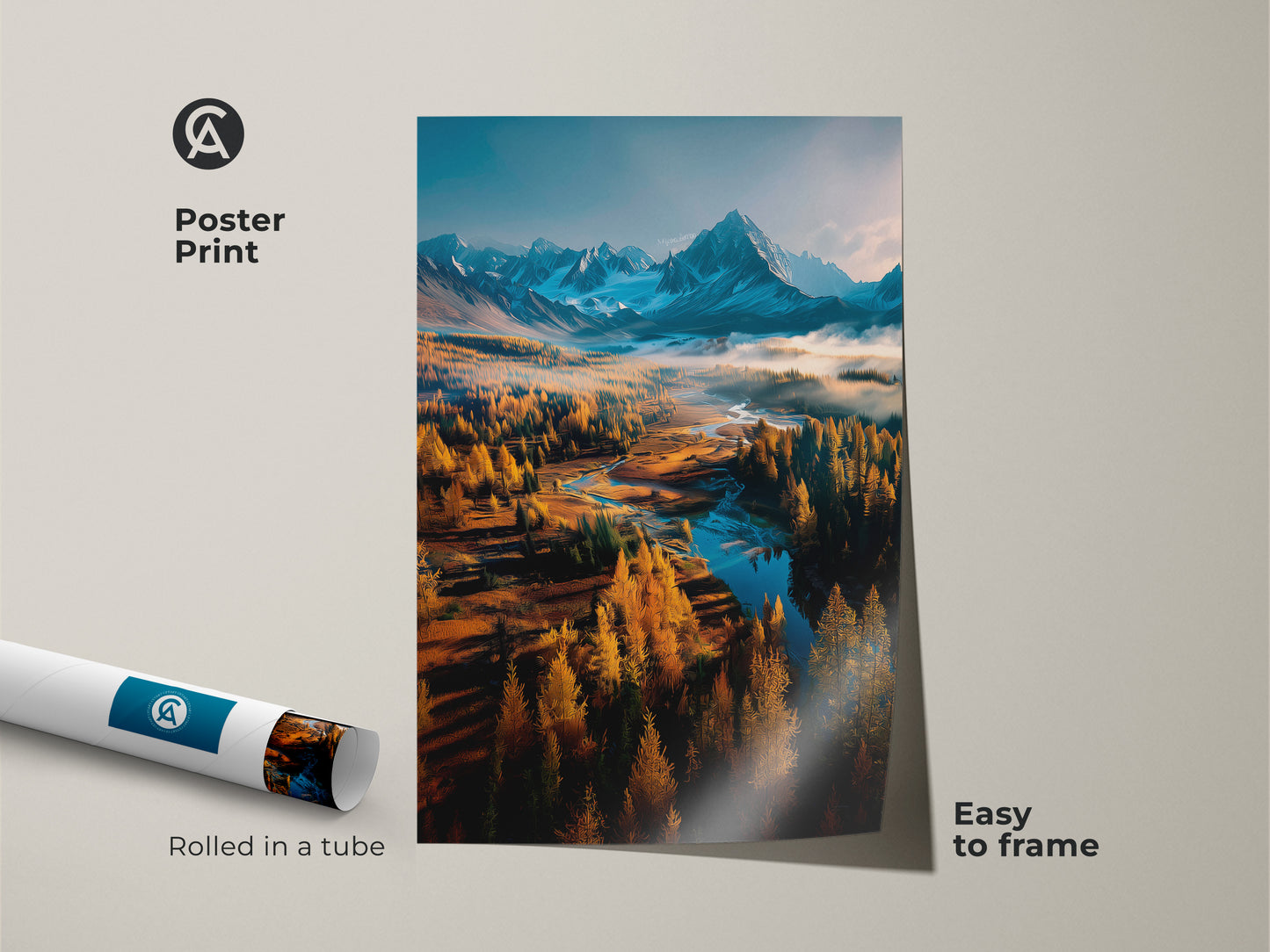 Poster print of a mountain landscape. This museum-quality paper artwork is rolled in a tube. It features golden trees a winding river and snow-capped mountains. Easy to frame this poster enhances your wall decor.