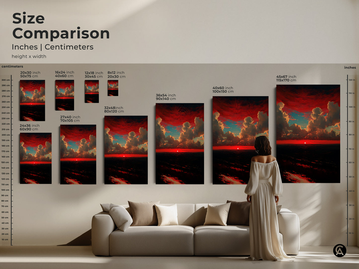 Size comparison of crimson sunset art prints in inches and centimeters. Visualize how different sizes fit above a sofa. This red and teal clouds print is a dramatic skyscape wall decor. Perfect nature landscape artwork for a contemporary bedroom.