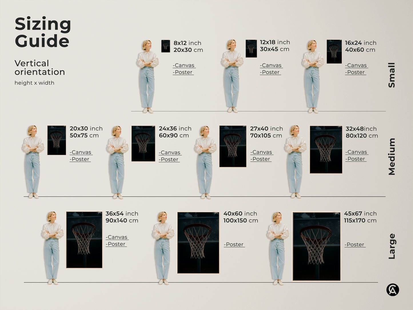 Sizing guide for vertical basketball hoop artwork. Available as canvas or poster in sizes from small to large. Find the perfect fit for your man cave wall art. Transform your game room with this industrial sports decor.