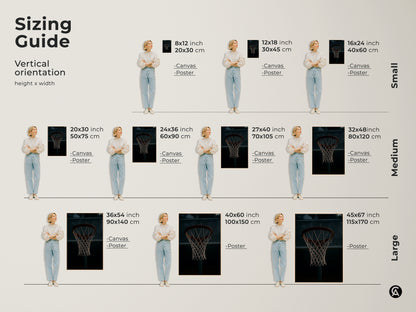 Sizing guide for vertical basketball hoop artwork. Available as canvas or poster in sizes from small to large. Find the perfect fit for your man cave wall art. Transform your game room with this industrial sports decor.
