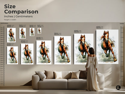 Compare the sizes of this rustic horse art print in inches and centimeters. See how the equestrian wall decor fits above a sofa. The running wildlife animal painting adds a dynamic touch. Visualize the orange brown artwork in different scales. Find the perfect size for your space. Enhance your home decor today.