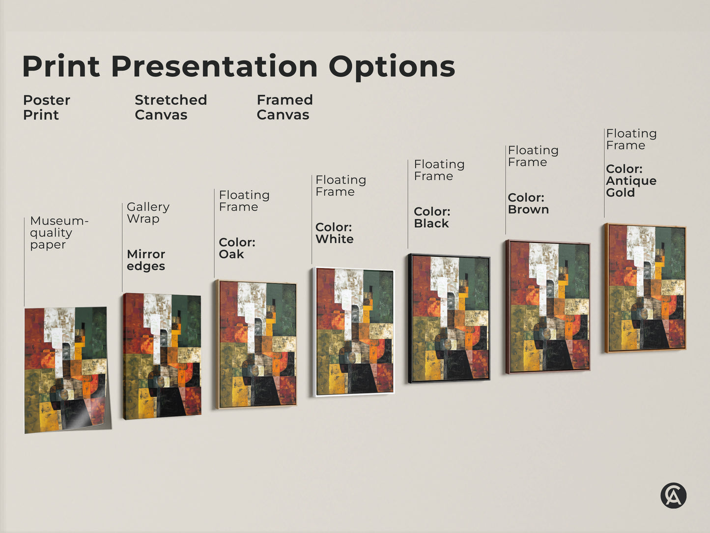 Explore print presentation options for this abstract geometric artwork. Choose from poster stretched canvas or framed canvas. Each format enhances the contemporary terracotta orange green art.