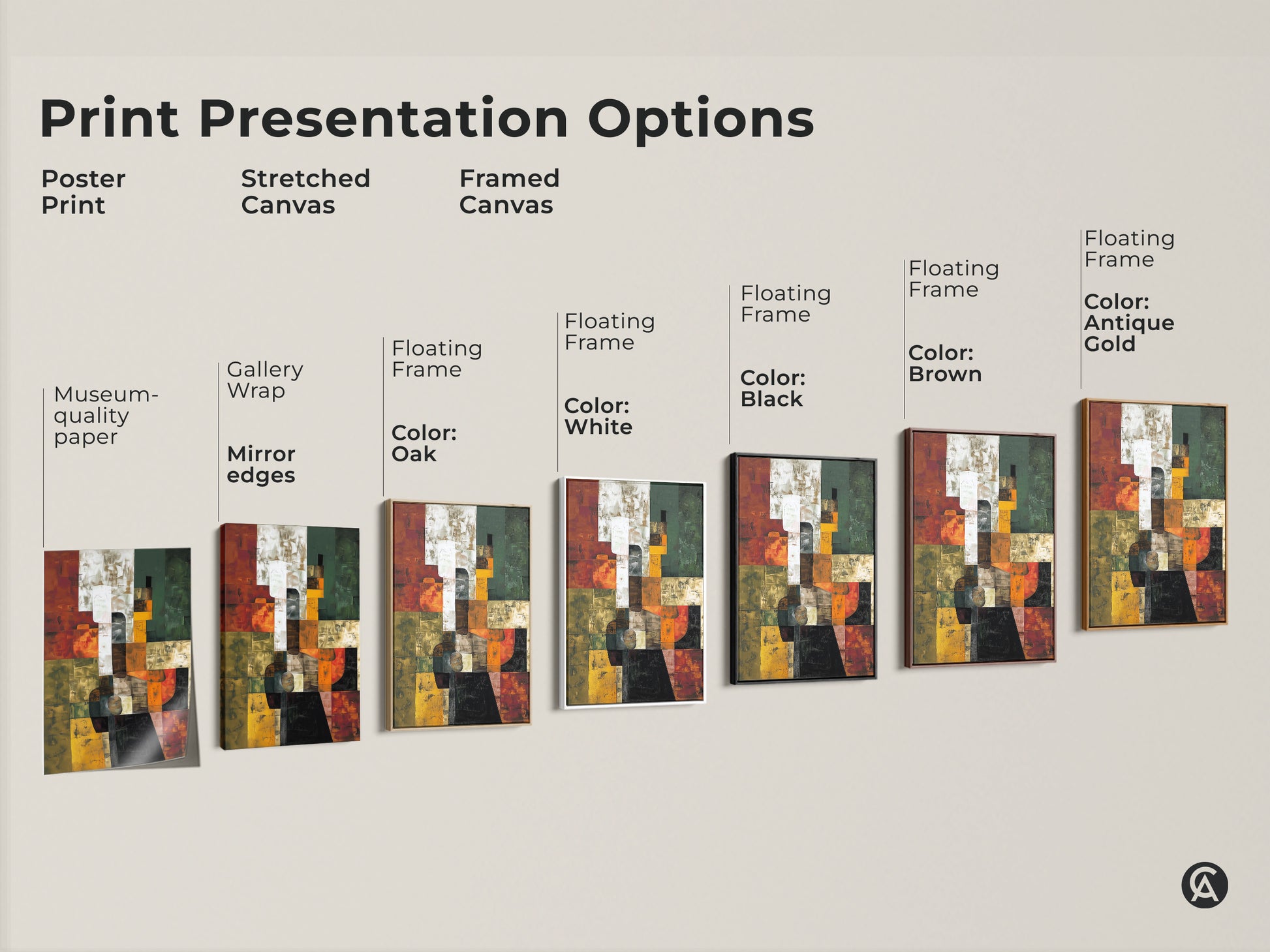 Explore print presentation options for this abstract geometric artwork. Choose from poster stretched canvas or framed canvas. Each format enhances the contemporary terracotta orange green art.