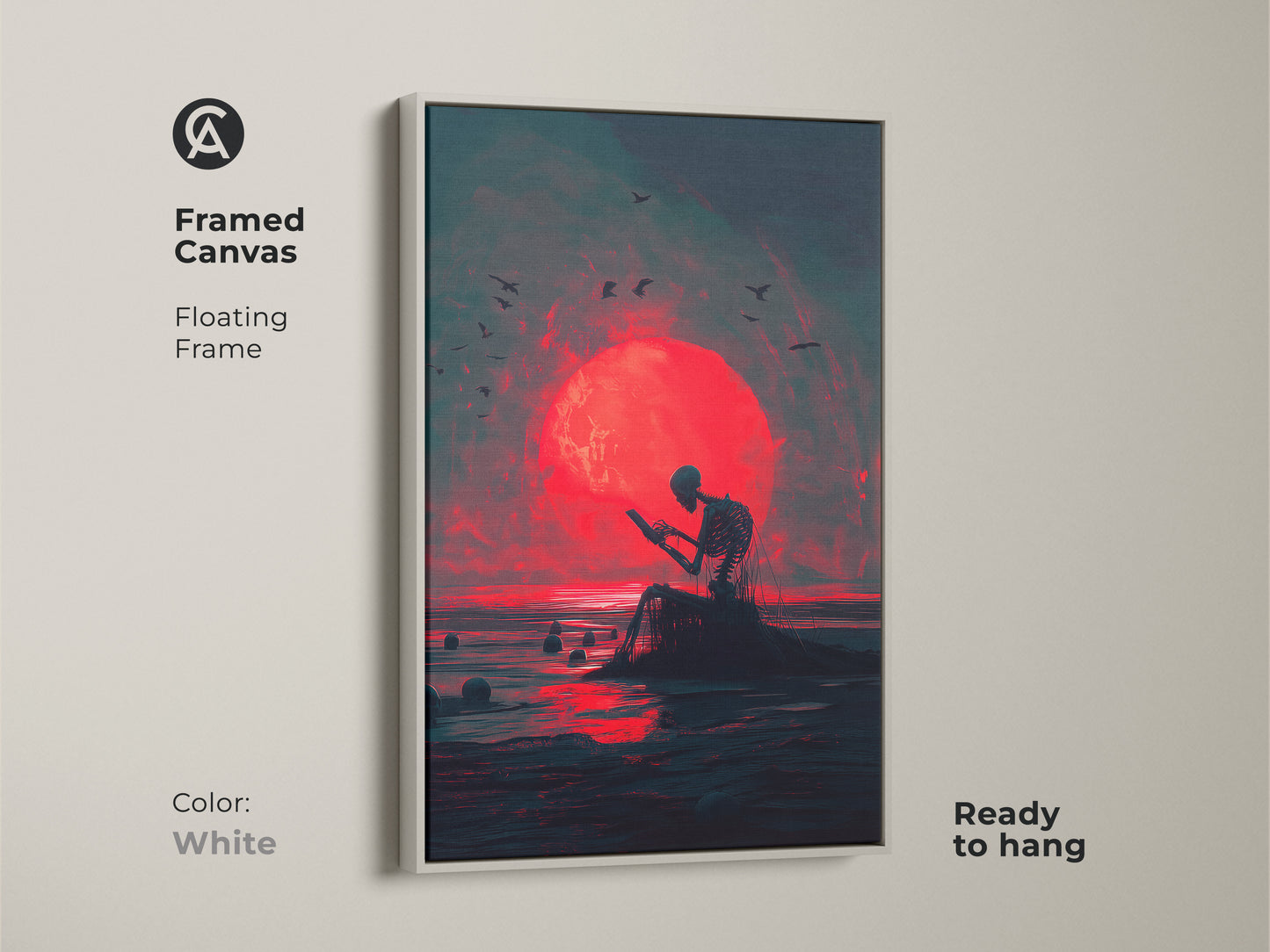 Framed canvas art print featuring a skeleton reading in front of a red moon. The frame is a clean white floating frame. The art style is dark and surreal. This framed canvas is ready to hang.