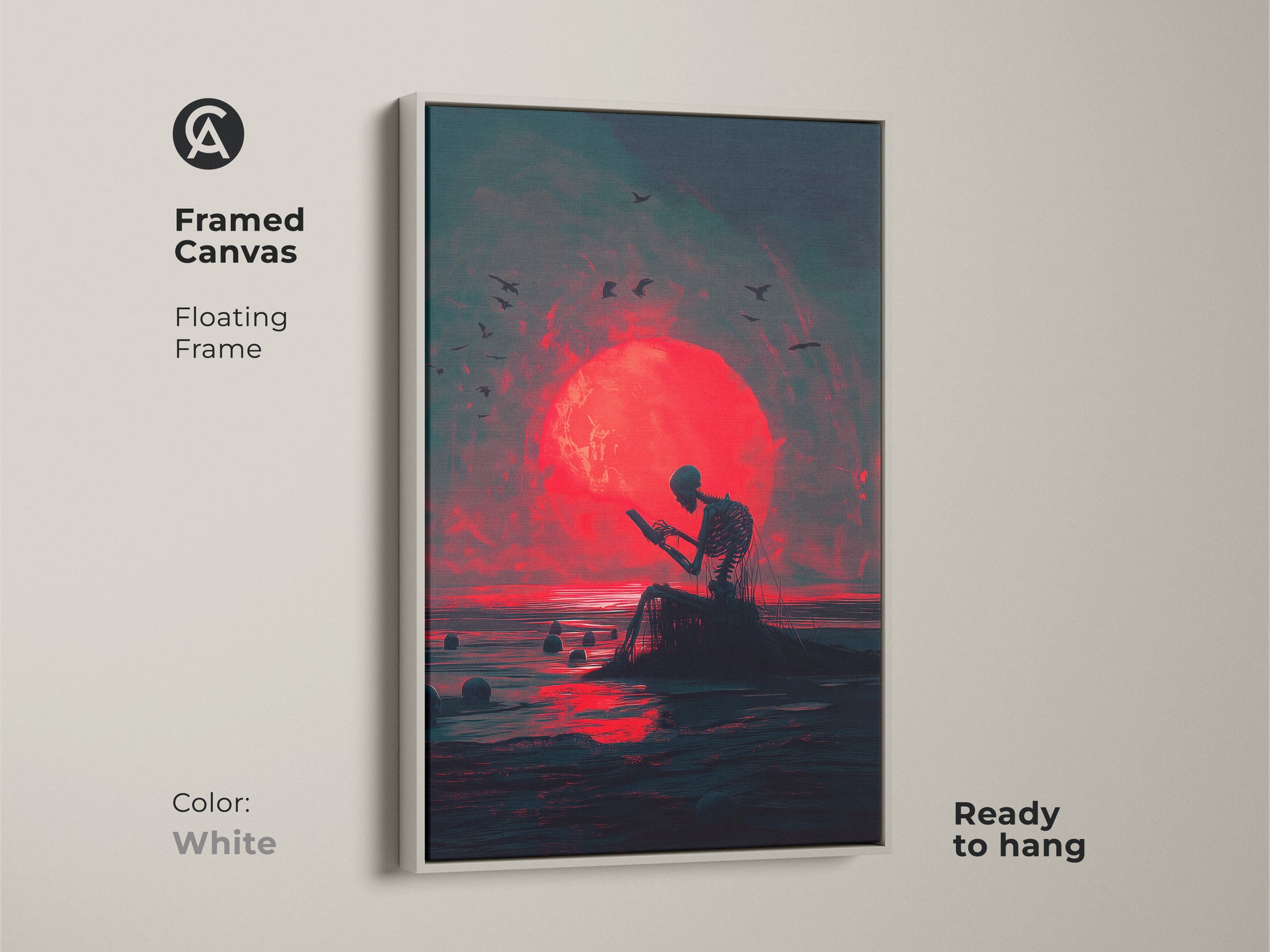 Framed canvas art print featuring a skeleton reading in front of a red moon. The frame is a clean white floating frame. The art style is dark and surreal. This framed canvas is ready to hang.