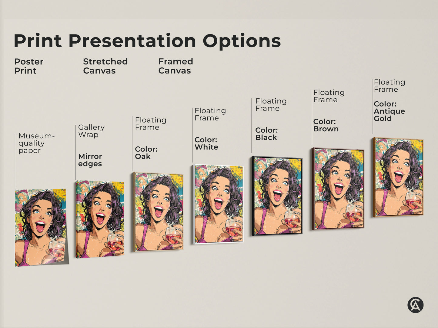 Explore print presentation options for this pop art canvas featuring a woman with a wine glass. Choose from poster prints stretched canvas or framed canvas. Each options features vibrant yellow pink and teal colors.