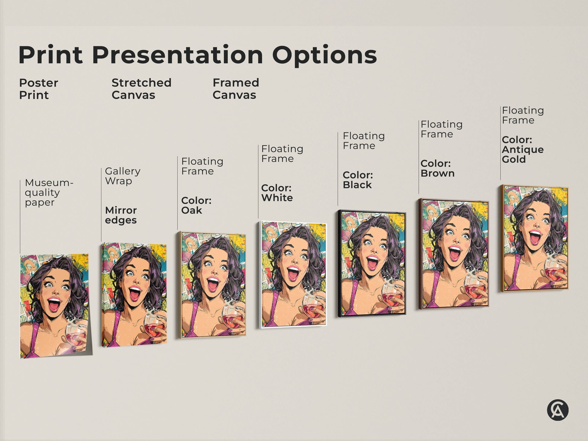 Explore print presentation options for this pop art canvas featuring a woman with a wine glass. Choose from poster prints stretched canvas or framed canvas. Each options features vibrant yellow pink and teal colors.