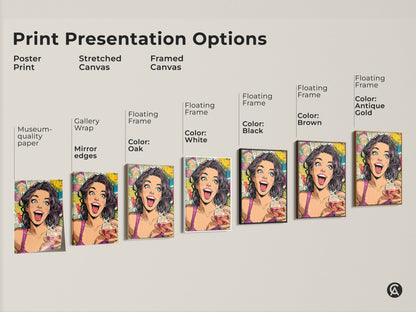 Explore print presentation options for this pop art canvas featuring a woman with a wine glass. Choose from poster prints stretched canvas or framed canvas. Each options features vibrant yellow pink and teal colors.