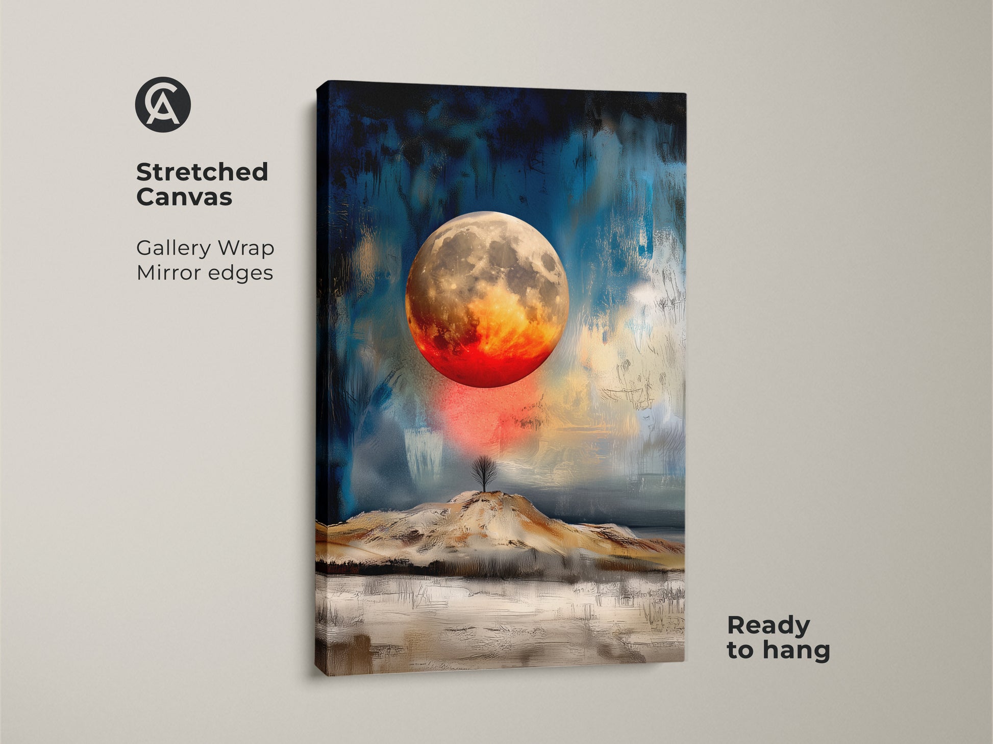 Stretched canvas print features a textured abstract moon. The celestial red orange landscape art has mirror edges adding depth. It's ready to hang offering an artistic touch to your bedroom or office decor. This space painting makes a unique gift for stargazers.