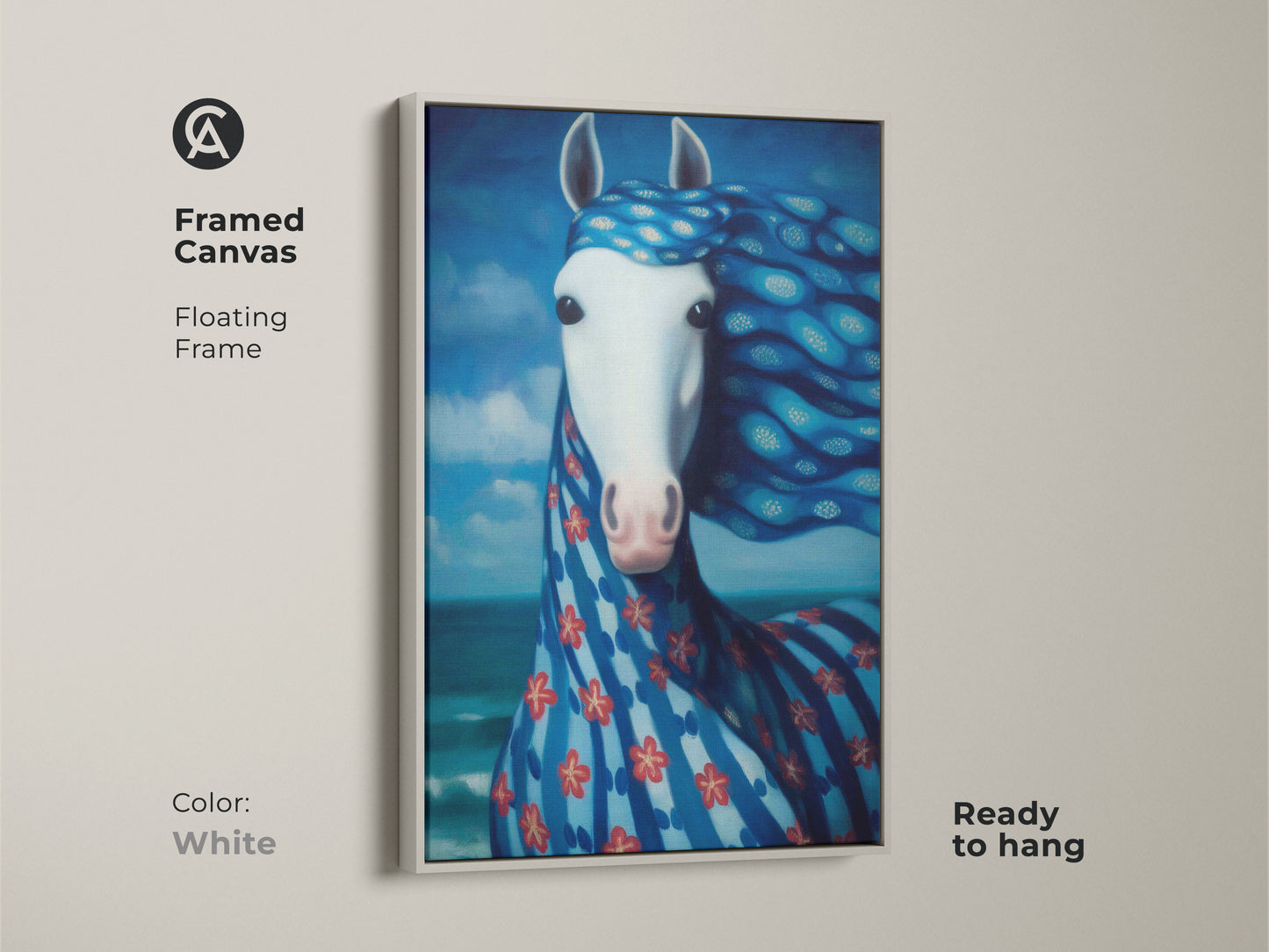 Framed canvas featuring a surreal blue horse in a white floating frame. Ready to hang for instant wall decor. This blue floral horse print is perfect for a unique bedroom art piece.