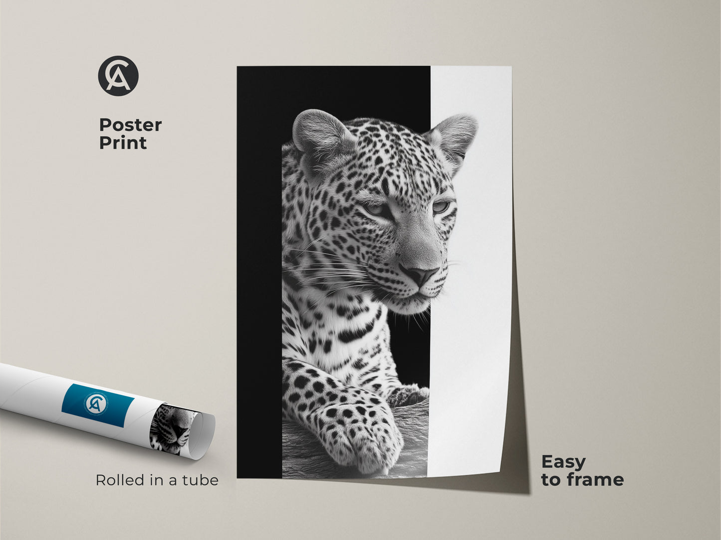 A monochrome leopard poster print. It comes rolled in a tube and is easy to frame. The black and white wildlife art is minimalist. This animal decor adds contemporary style to any room. The print can be used as bedroom wall art or living room decor. A great gift for animal lovers print.