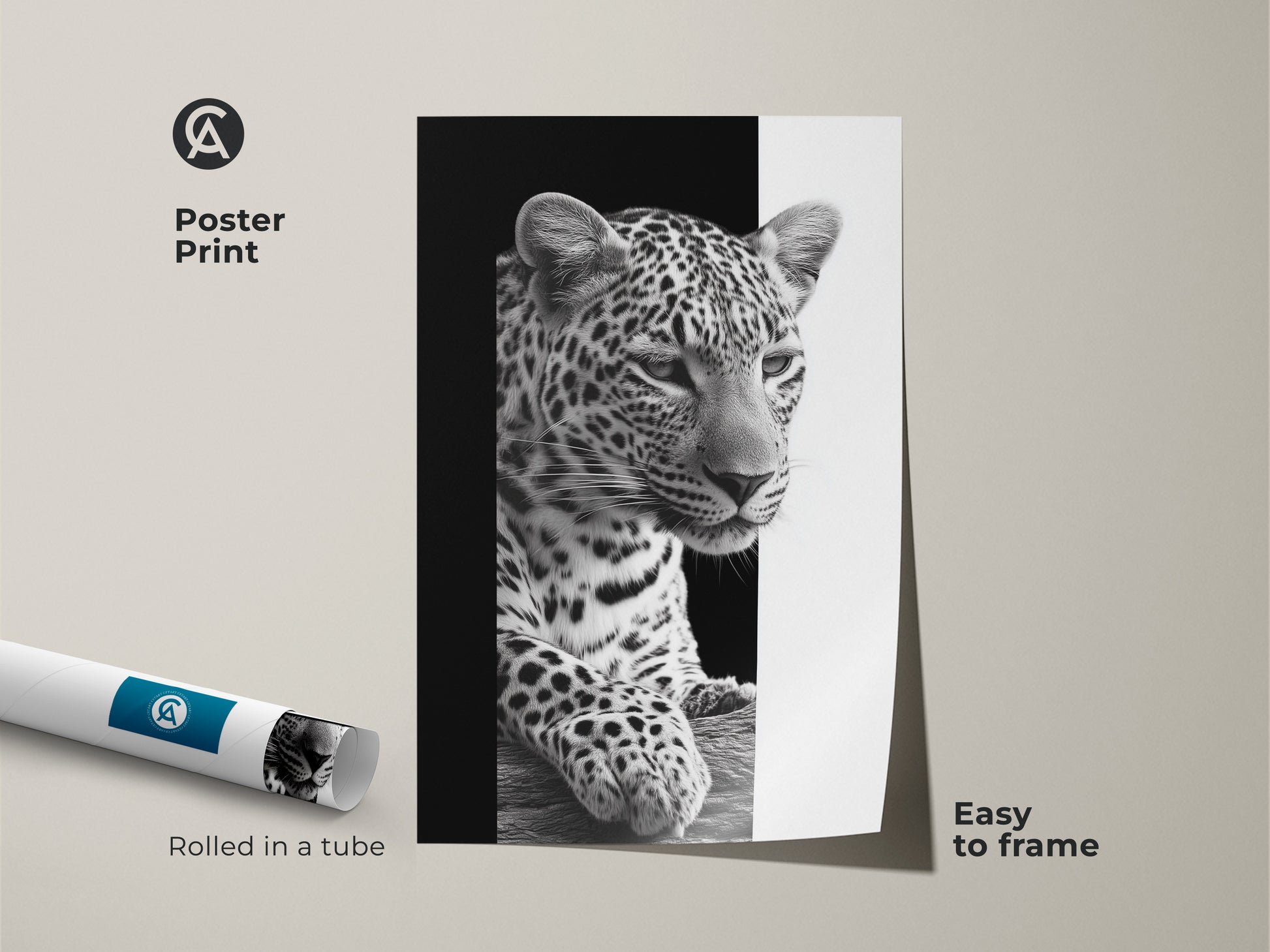 A monochrome leopard poster print. It comes rolled in a tube and is easy to frame. The black and white wildlife art is minimalist. This animal decor adds contemporary style to any room. The print can be used as bedroom wall art or living room decor. A great gift for animal lovers print.