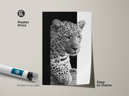 A monochrome leopard poster print. It comes rolled in a tube and is easy to frame. The black and white wildlife art is minimalist. This animal decor adds contemporary style to any room. The print can be used as bedroom wall art or living room decor. A great gift for animal lovers print.