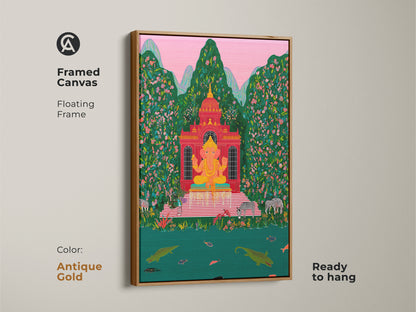 Framed Ganesha canvas art in an antique gold floating frame. The spiritual wall art is ready to hang. This folk art print brings an eclectic vibe to any space. A red green tropical scene adds vibrant color. The Hindu deity artwork is perfect for unique wall decor.