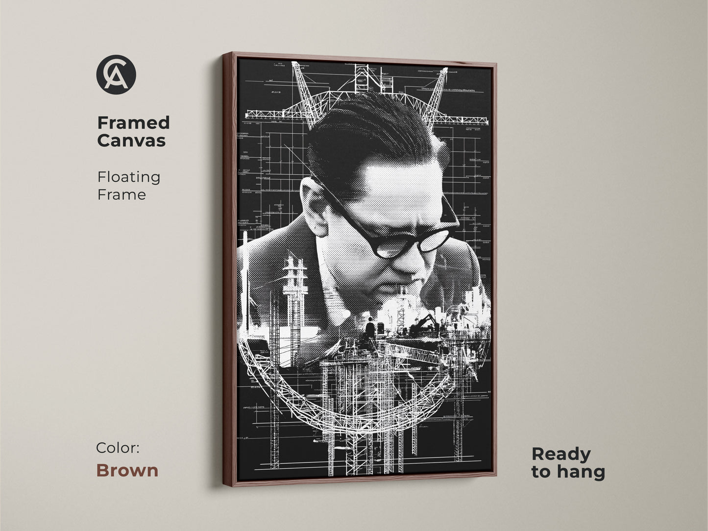 Brown framed canvas with floating frame features industrial blueprint art. It's a sophisticated monochrome print ready to hang. Ideal office wall decor for architects. This detailed blueprint artwork makes a unique gift.
