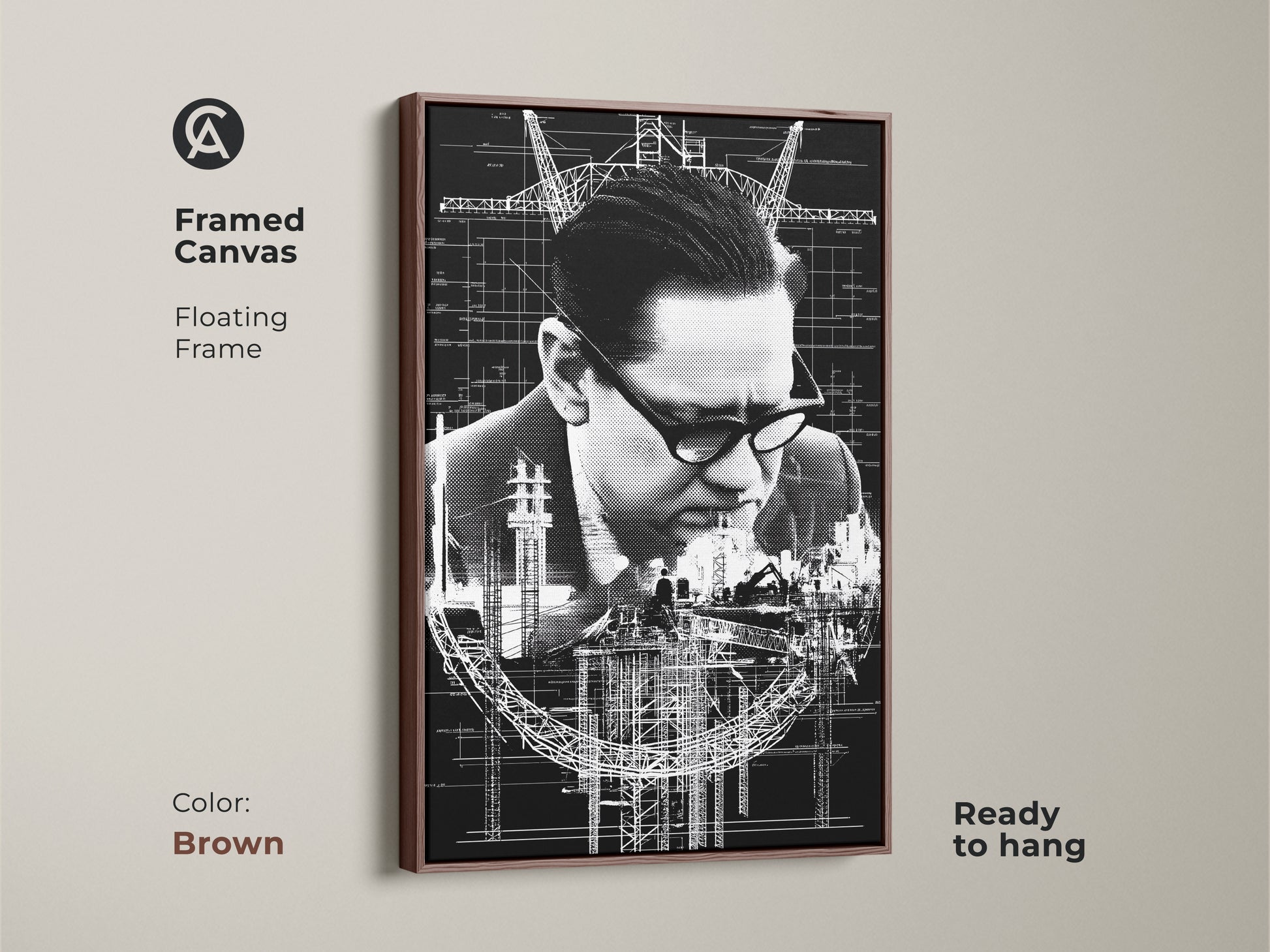 Brown framed canvas with floating frame features industrial blueprint art. It's a sophisticated monochrome print ready to hang. Ideal office wall decor for architects. This detailed blueprint artwork makes a unique gift.