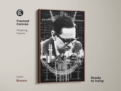 Brown framed canvas with floating frame features industrial blueprint art. It's a sophisticated monochrome print ready to hang. Ideal office wall decor for architects. This detailed blueprint artwork makes a unique gift.