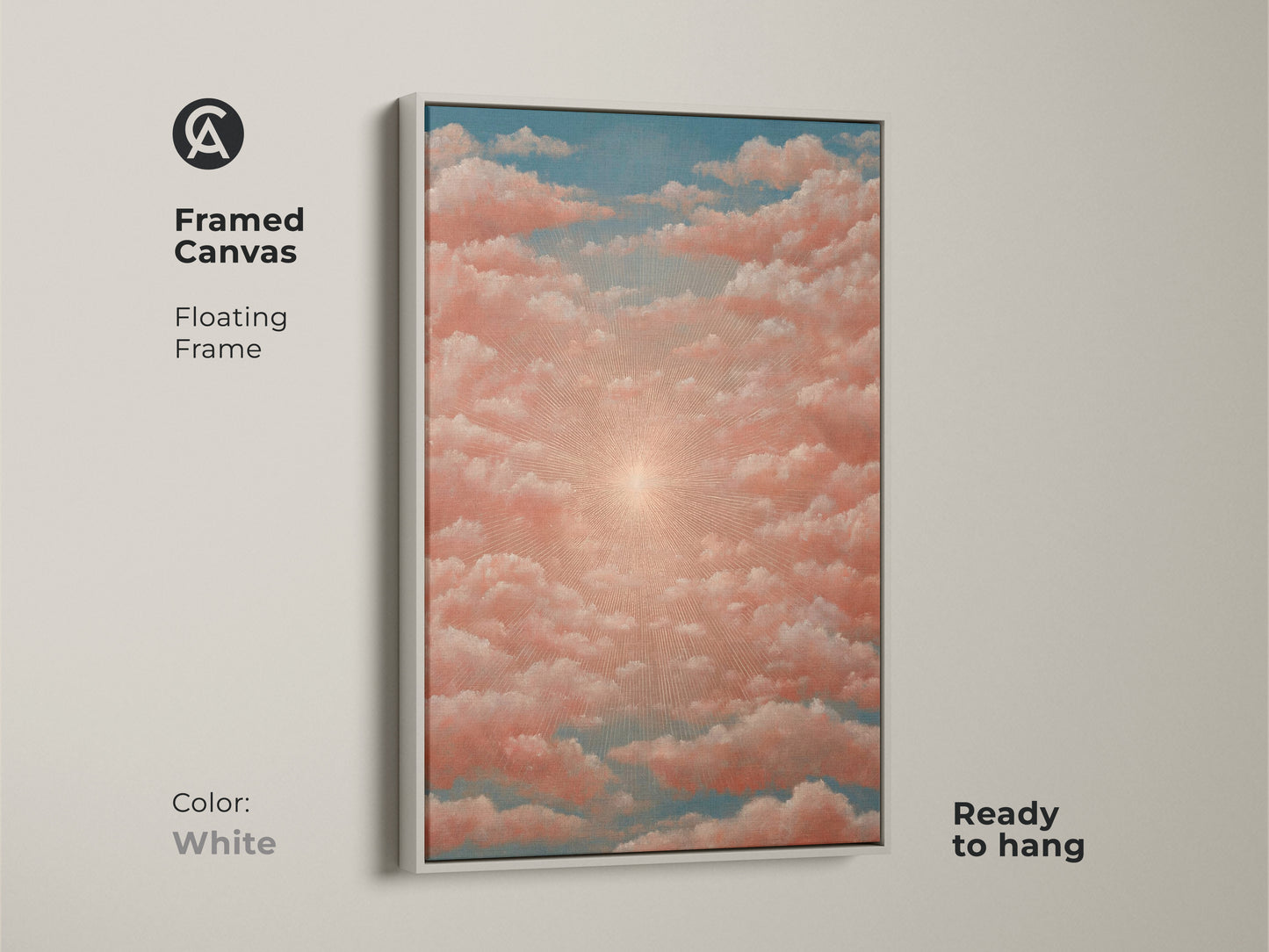 Boho sunrise wall art. Coral and pink canvas art. Dreamy surreal sunset print. Spiritual bedroom decor. Find housewarming gift artwork. Boho aesthetic wall art is displayed.