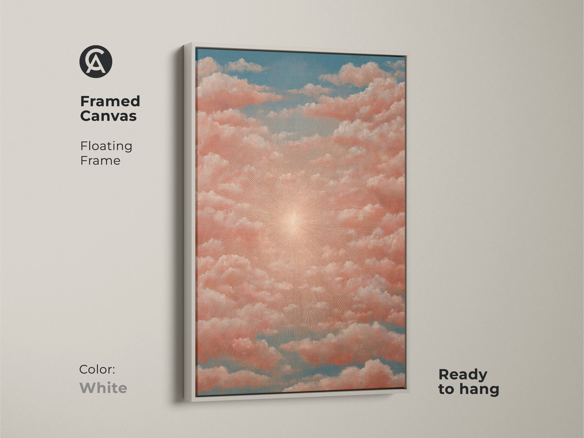 Boho sunrise wall art. Coral and pink canvas art. Dreamy surreal sunset print. Spiritual bedroom decor. Find housewarming gift artwork. Boho aesthetic wall art is displayed.