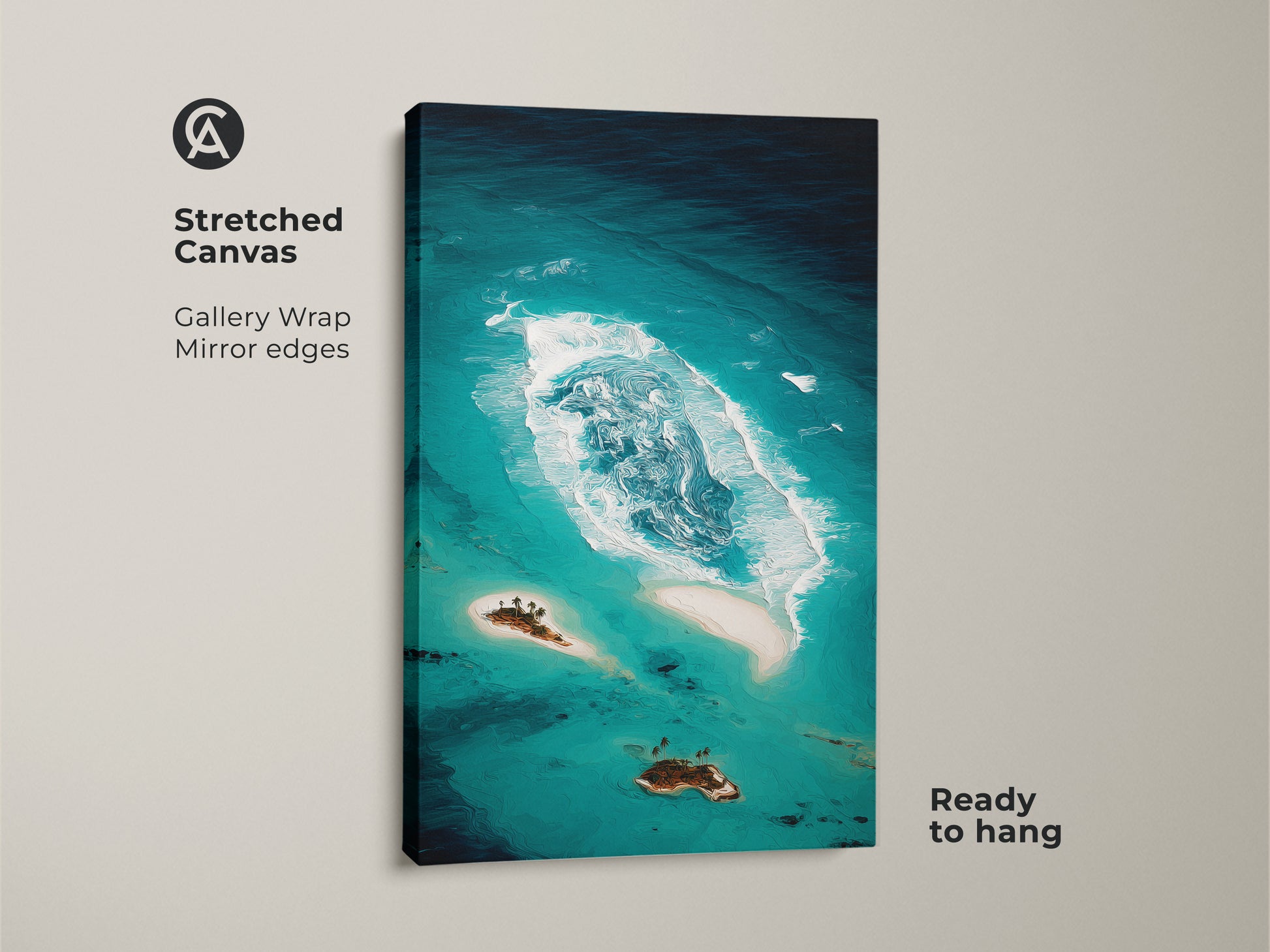 Stretched canvas print of an abstract teal ocean showcases a coastal island. It is gallery-wrapped with mirrored edges. This ready-to-hang tropical beach landscape features deep teal and aqua tones. Turquoise ocean artwork enhances any space.
