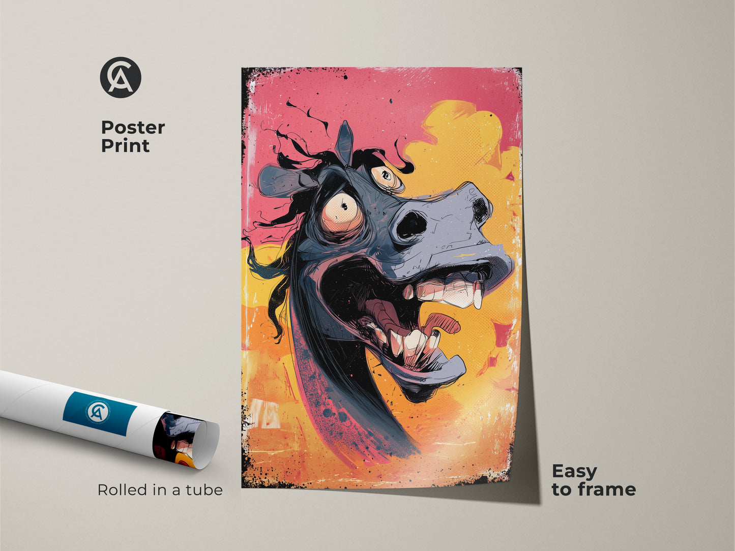 Poster print of a humorous horse portrait rolled in a tube ready to frame. The cartoon horse canvas print features vibrant orange yellow and pink art. This quirky animal artwork makes a unique horse gift idea. The distressed animal print adds character.
