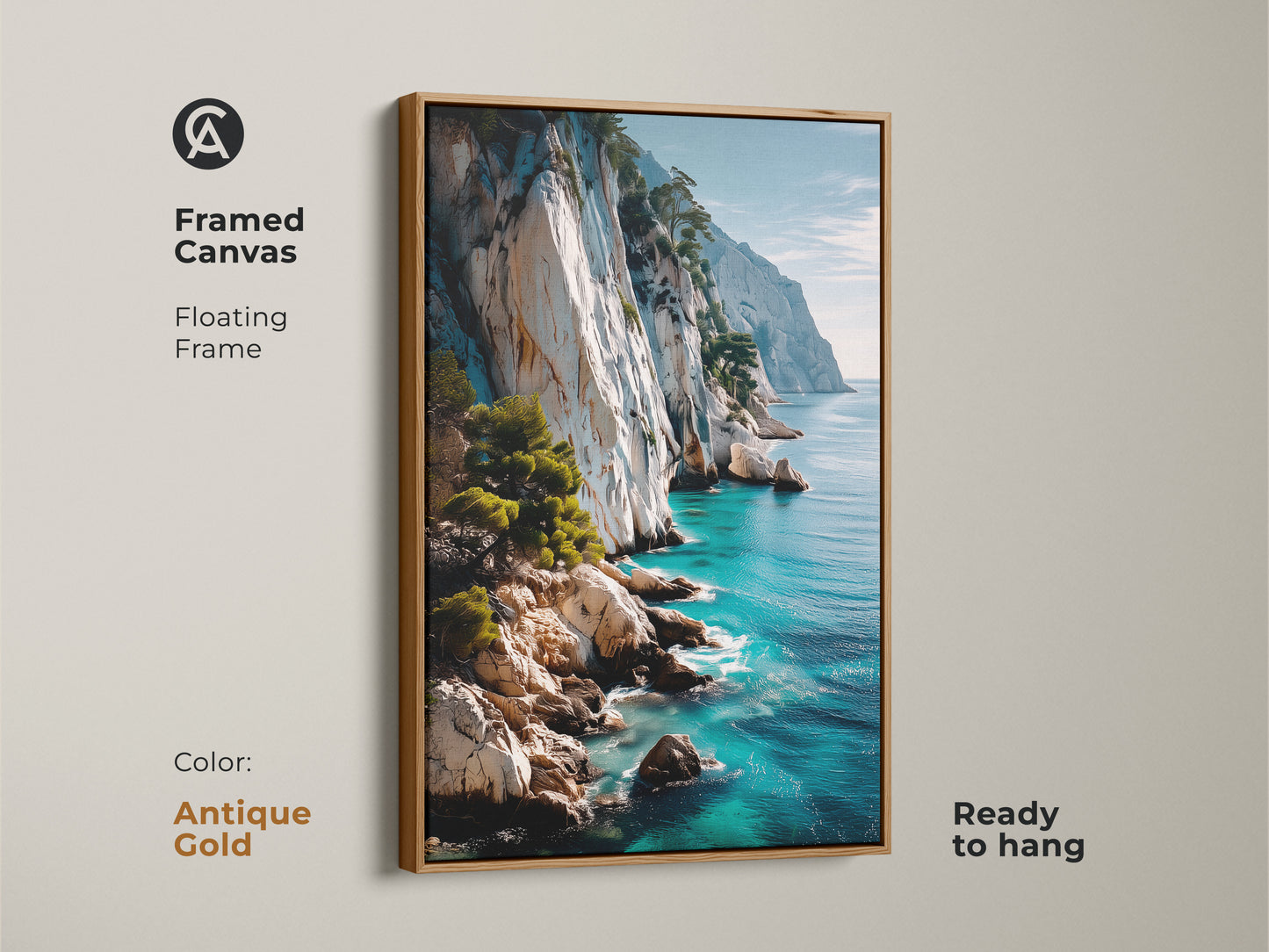 Framed canvas with an antique gold floating frame displaying coastal artwork. This turquoise blue seascape depicts a photorealistic cliffside view. This nature inspired art brings tranquility to your space. Perfect wall art for a coastal themed living room. It's a sophisticated gift idea.