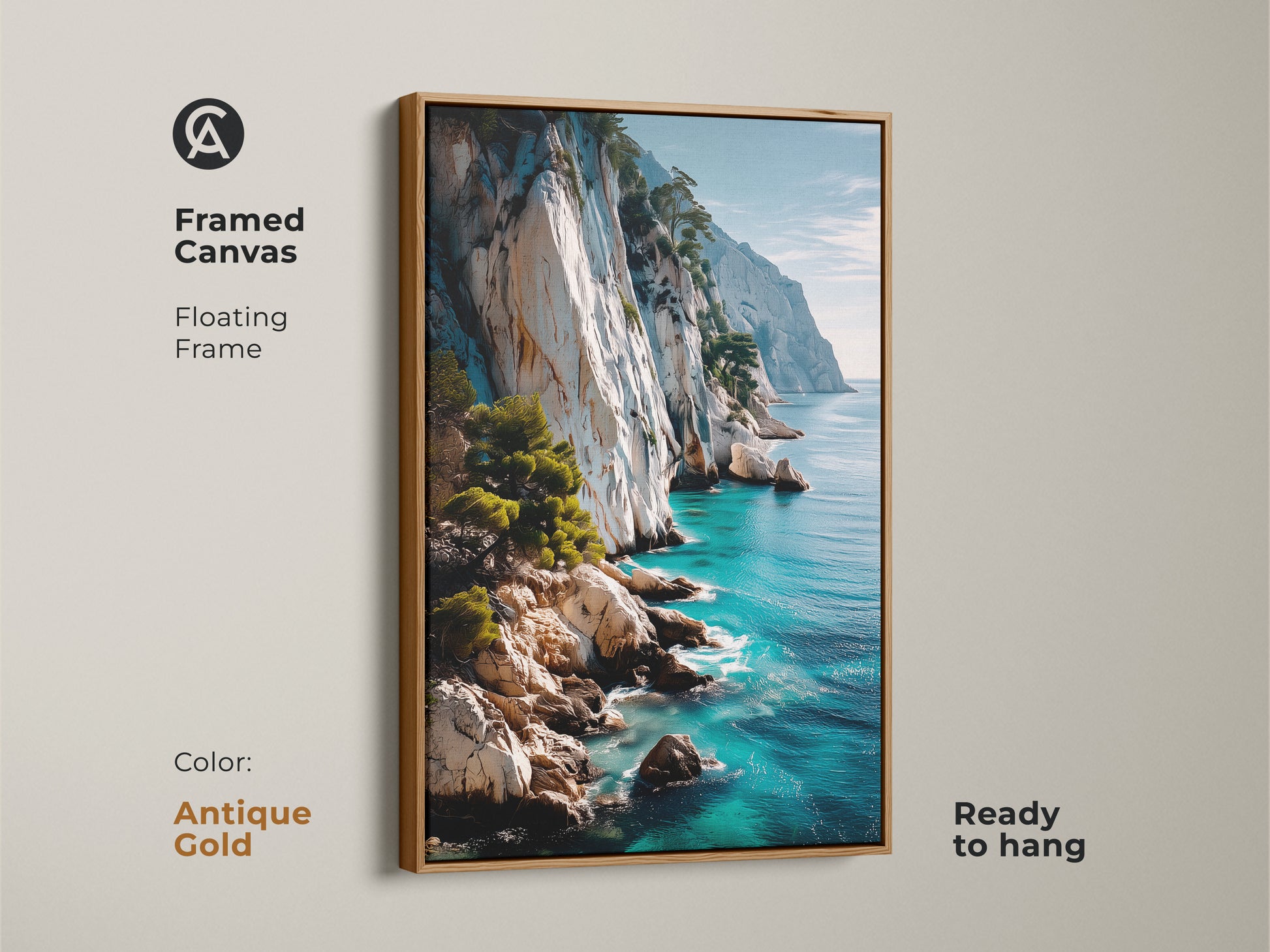 Framed canvas with an antique gold floating frame displaying coastal artwork. This turquoise blue seascape depicts a photorealistic cliffside view. This nature inspired art brings tranquility to your space. Perfect wall art for a coastal themed living room. It's a sophisticated gift idea.
