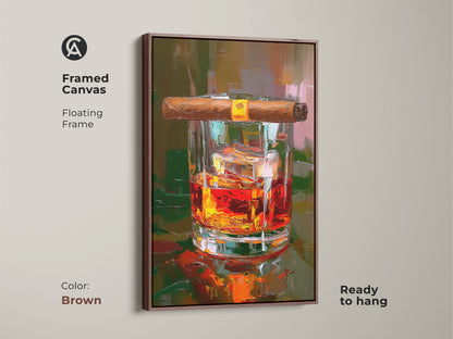 This framed canvas presents amber orange whiskey and cigar art in a floating brown frame. This piece is ready to hang. The bourbon drink lifestyle artwork enhances a home bar setup. Its rich colors and modern style make it perfect for man cave decor. This alcohol beverage art makes a thoughtful gift.