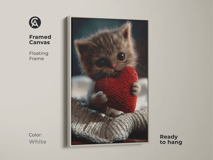 Framed canvas of a cute kitten holding a red heart. The floating frame is white. The soft focus kitten art is ready to hang. Perfect for cozy bedroom decor. This is a valentine's day gift art and a small animal wall hanging.
