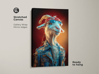Stretched Canvas print of a rockstar goat. This pop surrealism wall art features a goat in a blue denim jacket. This funny animal lover gift is ready to hang. It is perfect for eclectic home decor. This quirky goat artwork adds character to any room.