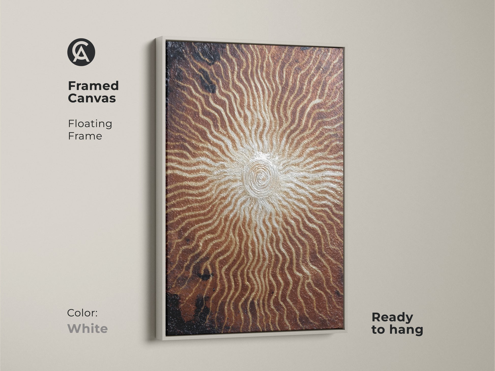 White framed canvas featuring bronze gold spiral artwork. This abstract sunburst print is ready to hang. The textured eclectic artwork is a modern metallic piece. A thoughtful housewarming gift for art enthusiasts.