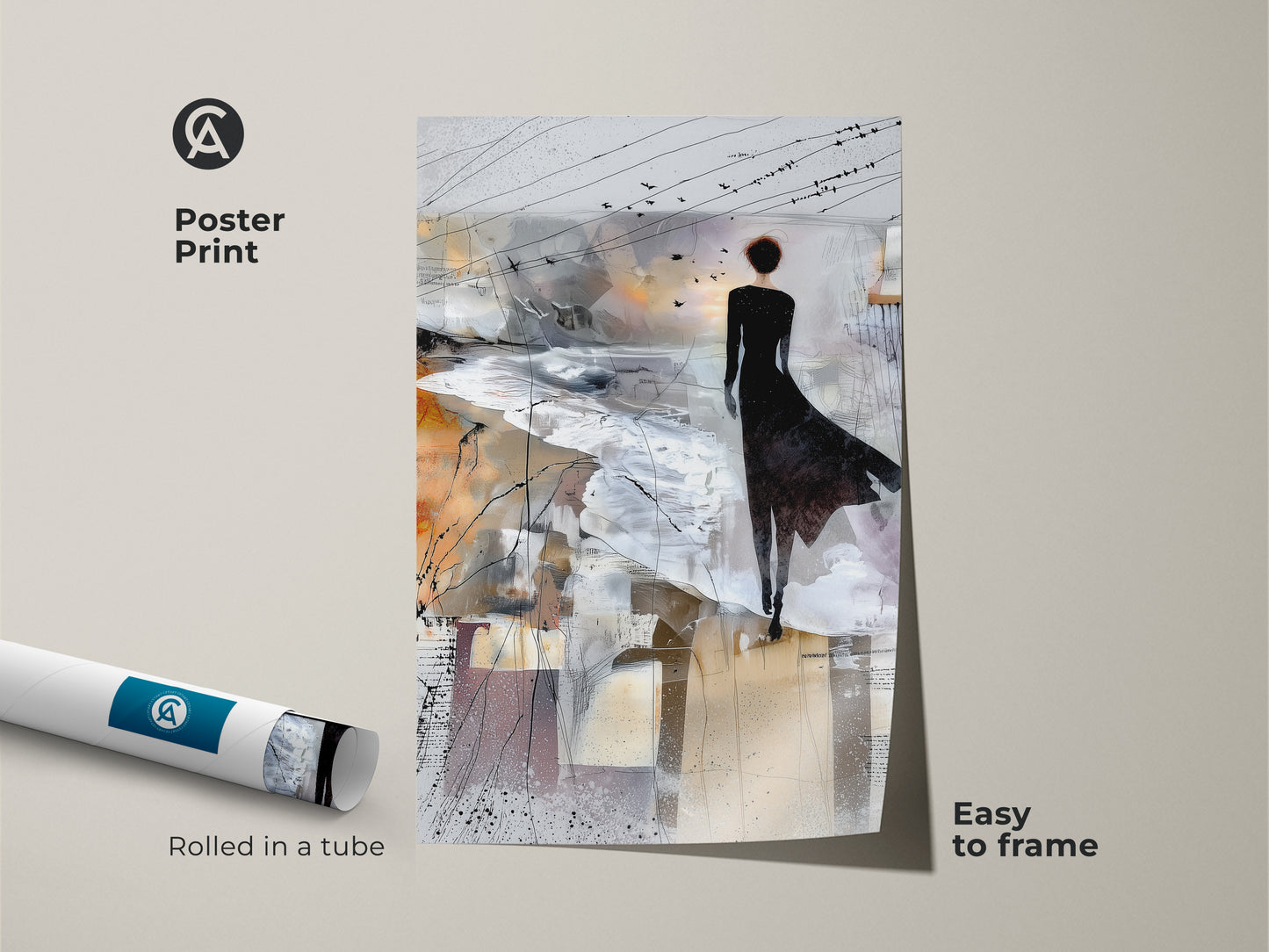 Poster print of a Brown White and Grey abstract art. It shows a woman and birds on canvas. This contemporary figurative landscape makes great bedroom art. This is easy to frame.