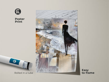 Poster print of a Brown White and Grey abstract art. It shows a woman and birds on canvas. This contemporary figurative landscape makes great bedroom art. This is easy to frame.