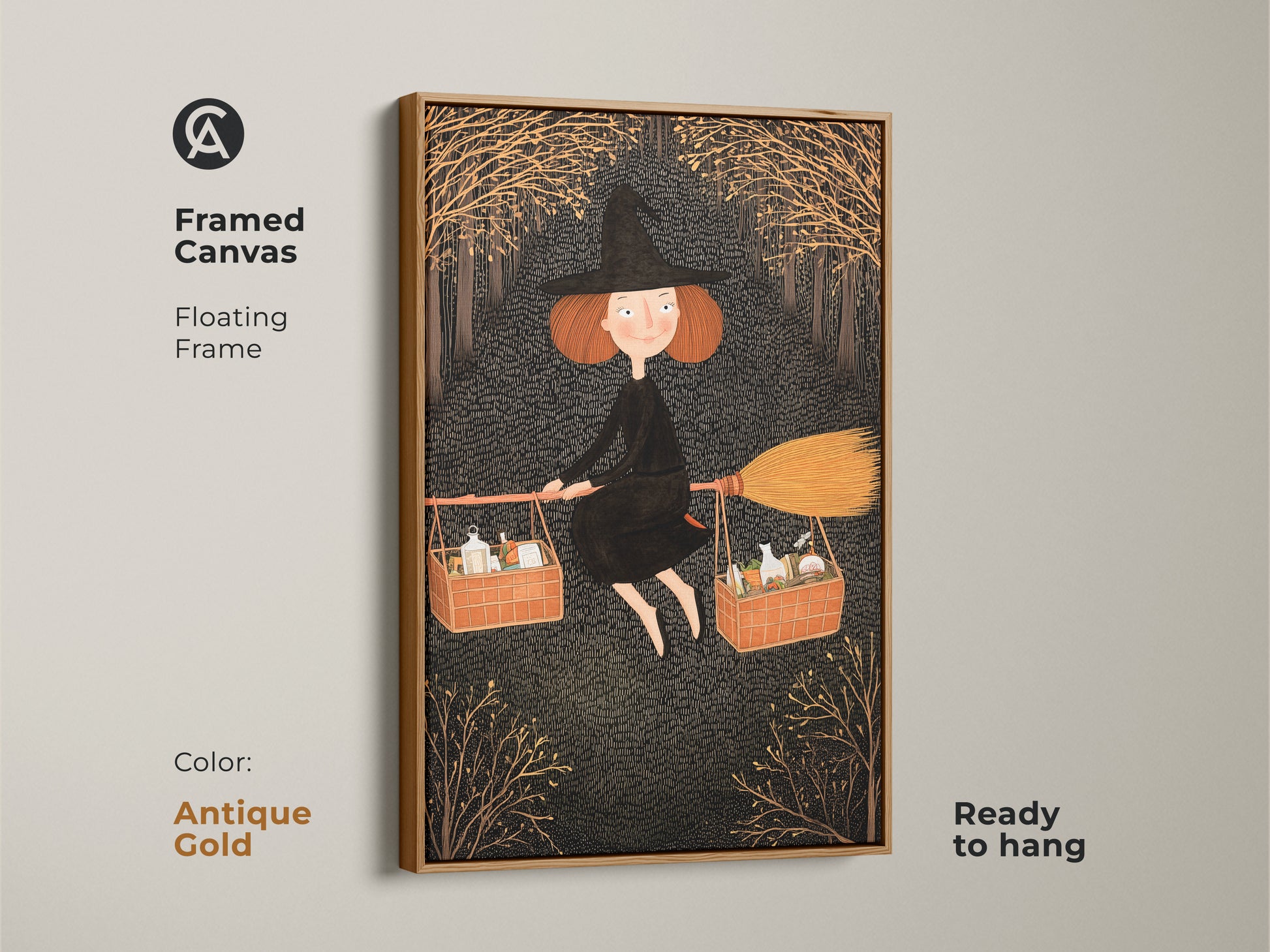 Framed canvas features a witch with basket art. The antique gold frame enhances the whimsical wall hanging. A fantasy themed art print perfect for festive folklore decor. It captures the magic of a flying witch. This artwork is ready to hang