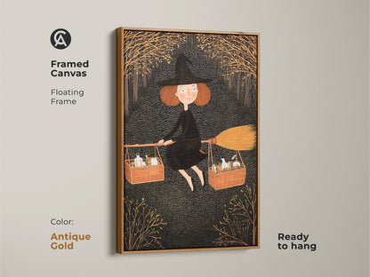 Framed canvas features a witch with basket art. The antique gold frame enhances the whimsical wall hanging. A fantasy themed art print perfect for festive folklore decor. It captures the magic of a flying witch. This artwork is ready to hang