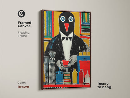 Framed Canvas of Tuxedo Penguin. This quirky penguin painting adds humor and artistic flair to your space. This black yellow and red artwork is ready to hang with a floating brown frame.