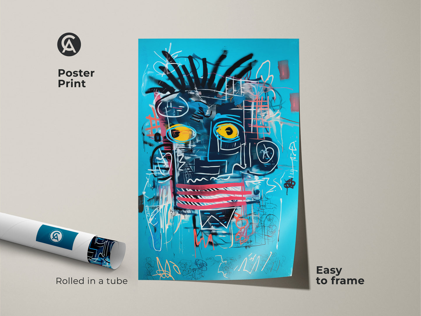 A poster print version of the abstract face art is shown. This turquoise blue wall art features a bold black graffiti style. The rolled poster is easy to frame and adds an eclectic touch. Neo-expressionism artwork makes a unique statement. Consider this for a birthday present