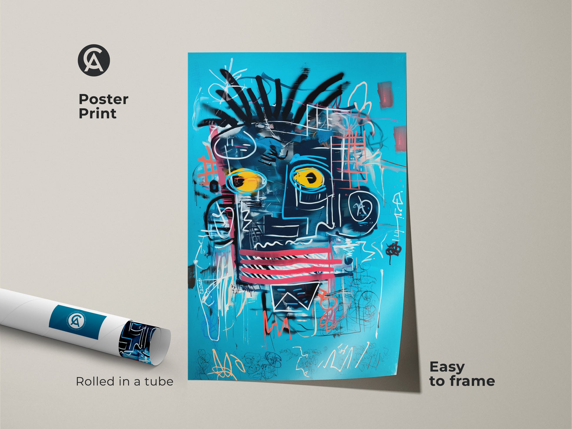 A poster print version of the abstract face art is shown. This turquoise blue wall art features a bold black graffiti style. The rolled poster is easy to frame and adds an eclectic touch. Neo-expressionism artwork makes a unique statement. Consider this for a birthday present