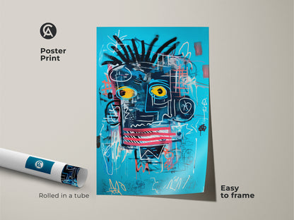 A poster print version of the abstract face art is shown. This turquoise blue wall art features a bold black graffiti style. The rolled poster is easy to frame and adds an eclectic touch. Neo-expressionism artwork makes a unique statement. Consider this for a birthday present