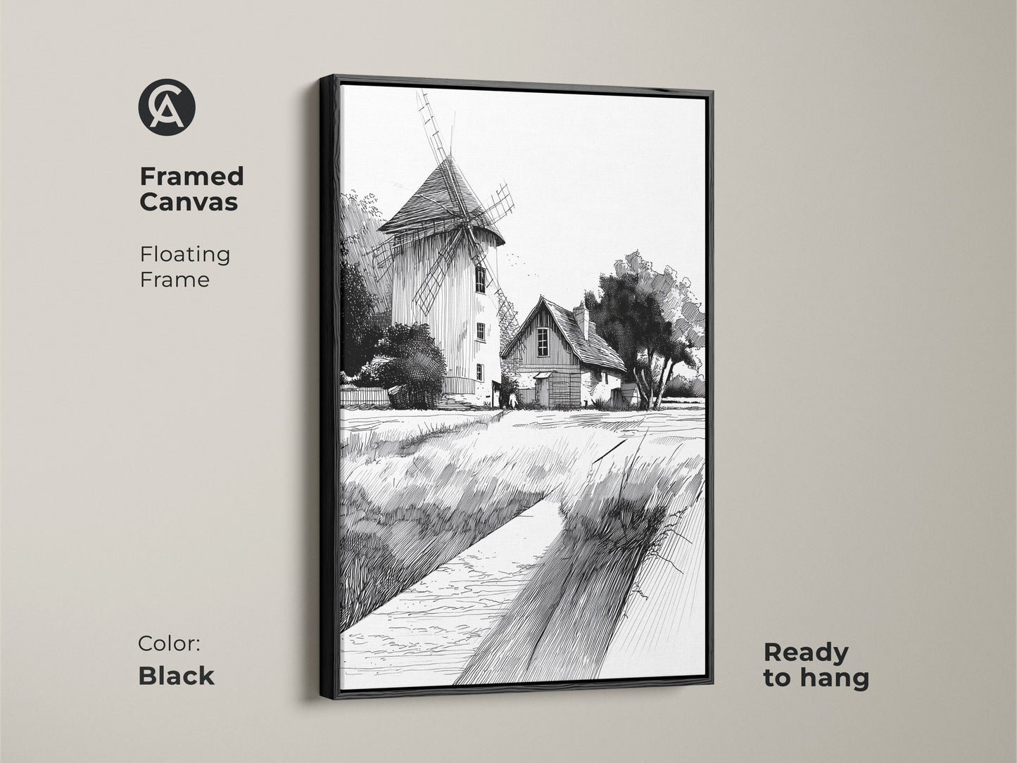 Framed canvas featuring farmhouse windmill art. A black floating frame enhances the black and white ink drawing. Ready to hang this country landscape wall art adds rustic charm. Perfect farmhouse style wall art.