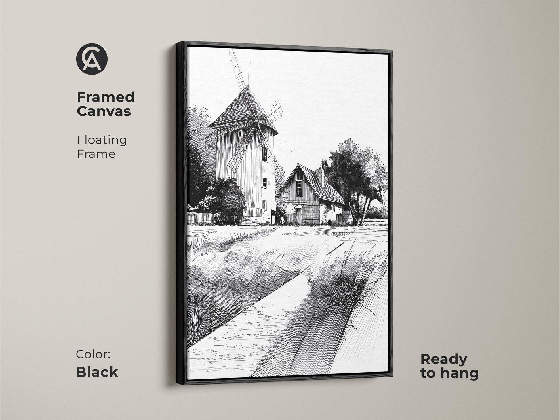 Framed canvas featuring farmhouse windmill art. A black floating frame enhances the black and white ink drawing. Ready to hang this country landscape wall art adds rustic charm. Perfect farmhouse style wall art.