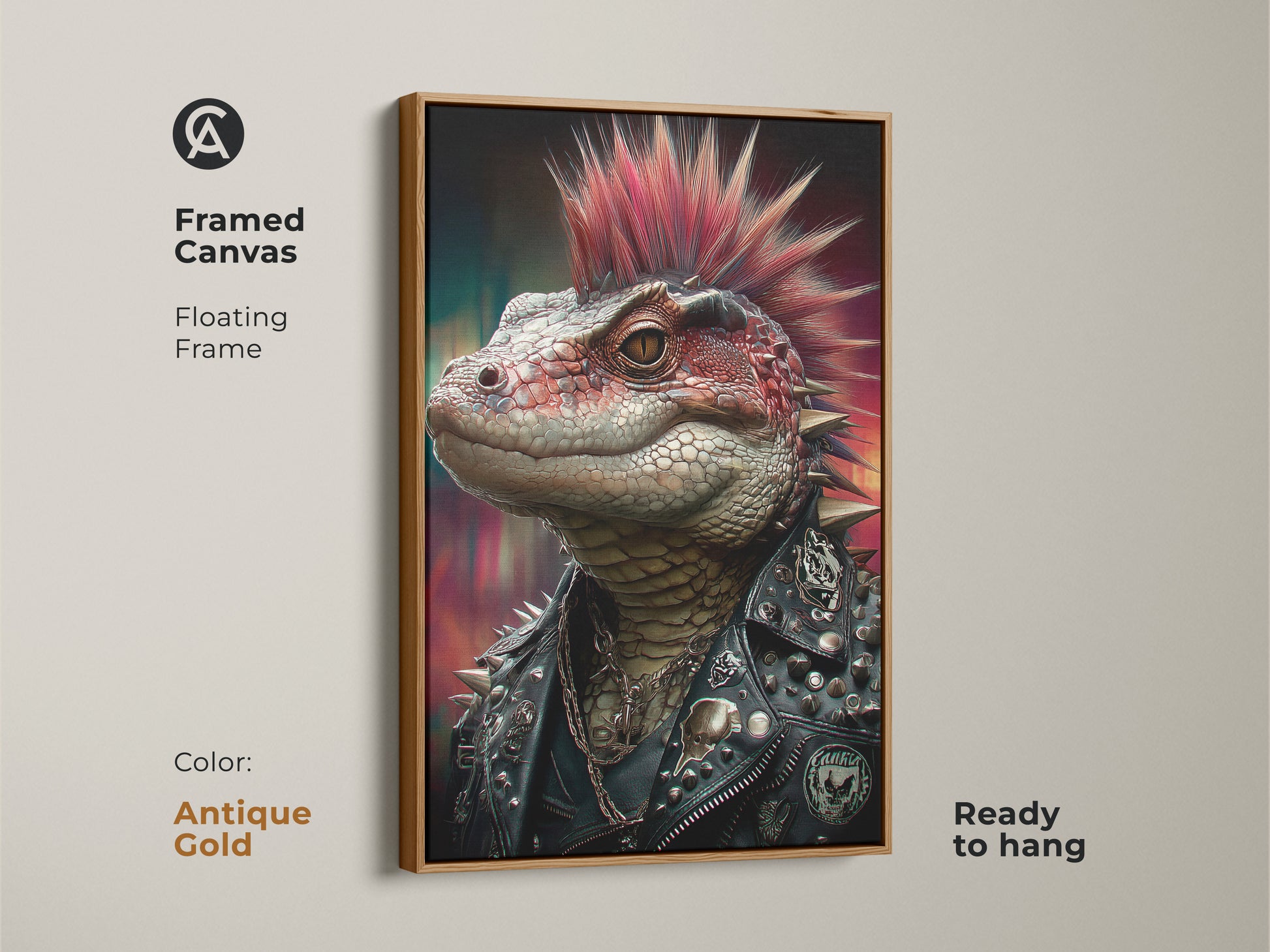 The framed canvas presents a punk rock lizard. Antique gold floating frame highlights the gothic reptile art. The spiked jacket wall decor is a great addition to any room. Alternative punk art that makes a statement. The red mohawk reptile decor is ready to display.