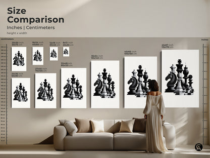 Compare sizes with our size comparison guide for this abstract chess canvas art. Visualize the impact of this monochrome strategy game artwork. Sizes range from small to large. Perfect for any modern office or home space.