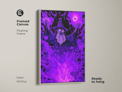 White framed canvas of a wizard art piece. The floating frame showcases the purple fantasy art. Ready to hang this mystical artwork complements any interior. Add magic to your home today.
