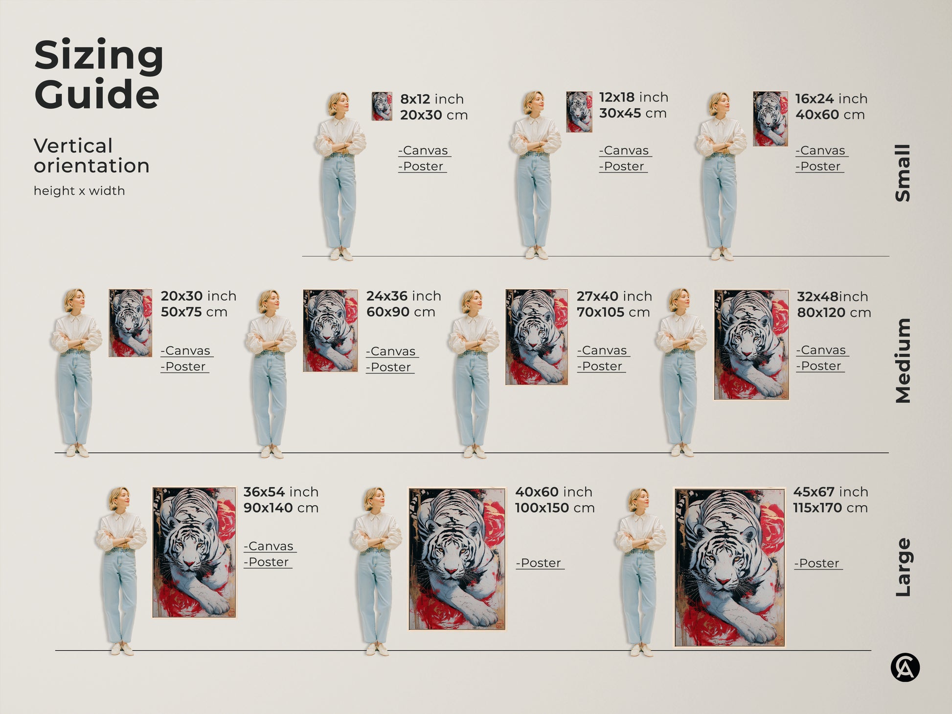 Size comparison of the white tiger and red rose canvas artwork. Multiple sizes are displayed from 8x12 inch to 45x67 inch. Find the perfect size for your bedroom living room or office space.